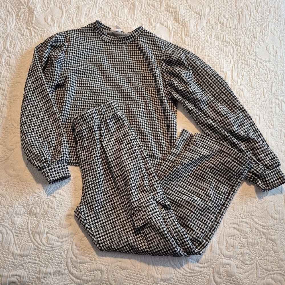 Zara girls size 9 black & white houndstooth long sleeve top & pants VGUC